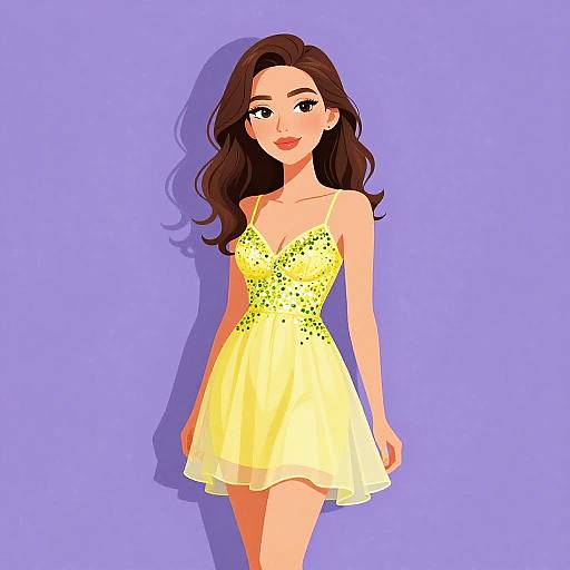 Digital illustration of a smiling woman with long brown hair, wearing a yellow, sparkly, sleeveless dress, standing against a purple background.