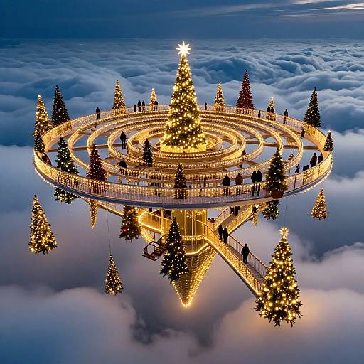 Fantastical, illuminated floating Christmas tree structure with glowing lights, surrounded by clouds, featuring multiple decorated trees, seen from above at twilight. Photoreal