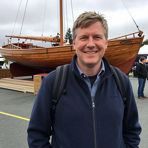 Man Smiling in Front of Wooden Boat