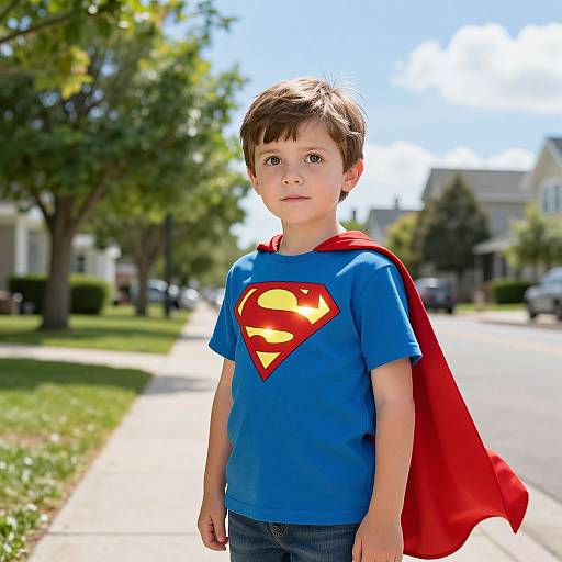 Photograph of a young boy with brown hair, wearing a blue Superman shirt and red cape, standing on a sunny suburban street.