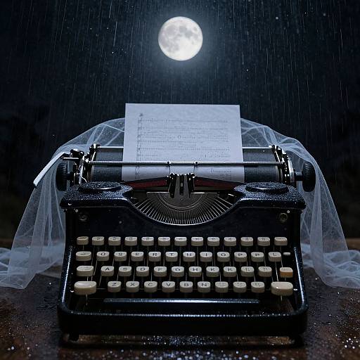 Photograph of a vintage black typewriter with white keys, covered in a translucent veil, under a glowing full moon in a rainy night sky.