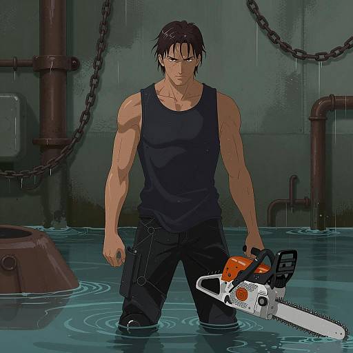 Mysterious Man with Chainsaw in Water
