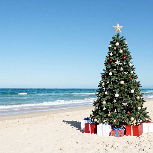 Photograph of a decorated Christmas tree with star topper, surrounded by wrapped gifts, on a sunny beach with clear blue sky and ocean waves.