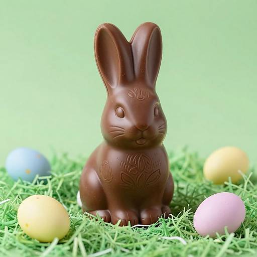 Photograph of a chocolate bunny with intricate leaf patterns, sitting on green grass with colorful pastel Easter eggs in the background.