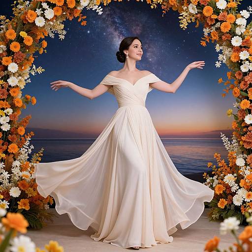 Photograph of a smiling woman in an off-shoulder, flowing white wedding dress, standing in a floral archway with orange and white flowers,