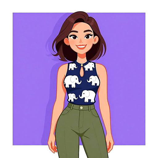 Digital illustration of a smiling woman with short brown hair, wearing a sleeveless navy top with white elephant prints and green high-waisted pants, against