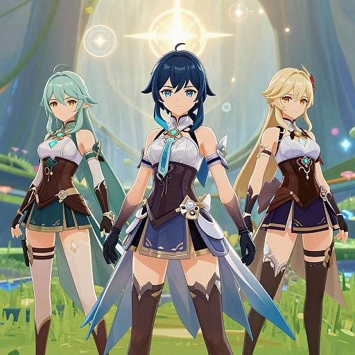Digital anime-style artwork of three female characters with blue, green, and blonde hair, in fantasy armor, standing in a sunlit forest.