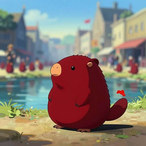 Digital illustration of a chubby, red beaver with a small pink nose, standing by a sunny, bustling town river with blurred background of people and buildings