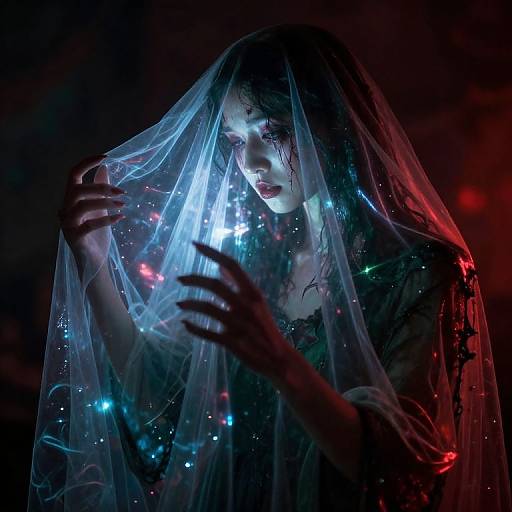 Photograph of a wet, dark-haired woman in a translucent veil, illuminated by colorful LED lights, with a mysterious, ethereal glow.
