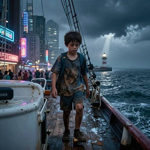 Photograph of a young boy with messy hair in a wet, stained t-shirt and shorts, walking on a stormy ship deck, neon city lights