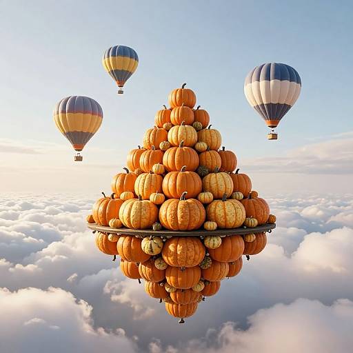 Photograph of a floating pumpkin pyramid with orange pumpkins, reflecting on a cloud sea, surrounded by three striped hot air balloons.
