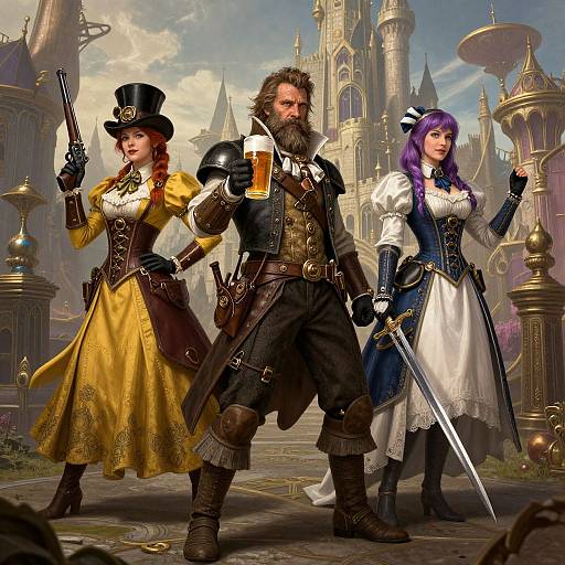 Digital fantasy artwork of a bearded man, a red-haired woman in a yellow dress, and a purple-haired woman in a blue dress, standing back