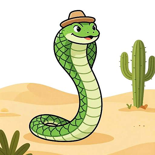 Cartoon-style green snake with a brown hat and smiling face in a desert with cactus and sandy ground.