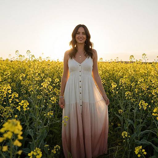 Photograph of a smiling woman with wavy brown hair, wearing a white sundress with pink gradient hem, standing in a sunlit yellow wildflower