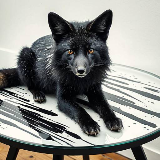 Black Fox on Glass Table with Abstract Brush Strokes