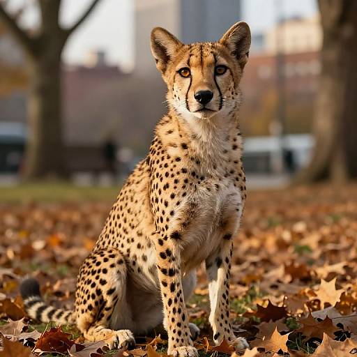 Photograph of a sitting cheetah with golden fur and black spots, surrounded by autumn leaves, in a blurred urban park background.