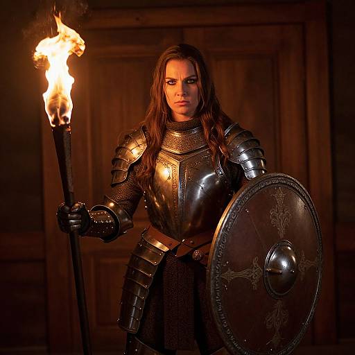 Woman in Medieval Armor Holding Torch and Shield
