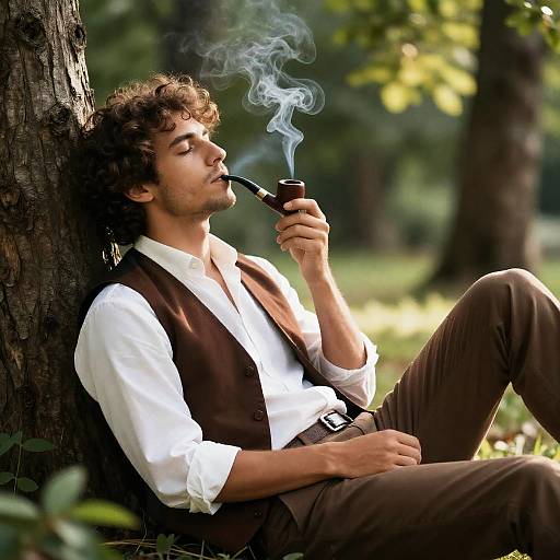 Relaxed Man Smoking by a Tree