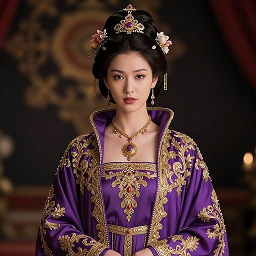 Photorealistic image of an Asian woman in an ornate purple and gold traditional dress, adorned with floral hairpieces, wearing a jeweled necklace,