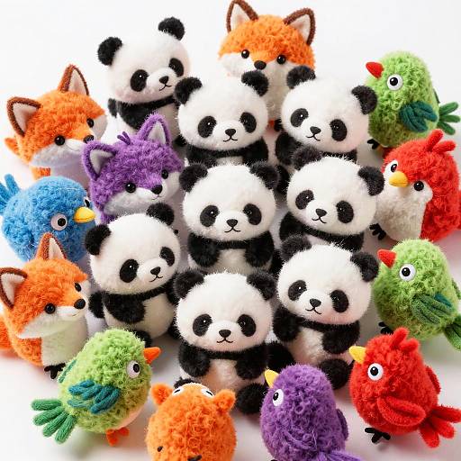 Photograph of colorful, fluffy, hand-knitted pandas and birds, including foxes, in a pile, featuring bright orange, green, purple