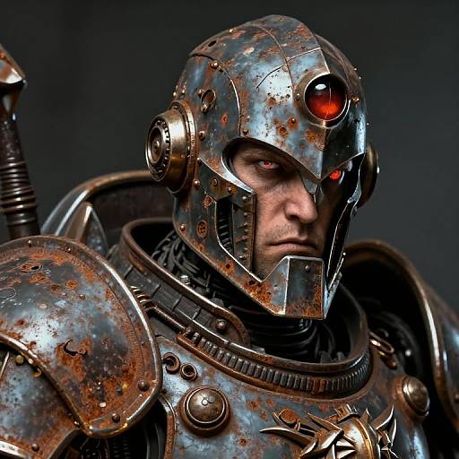 Photorealistic CGI of a stern-faced man in rusted, metallic steampunk armor with a red eye visor, against a dark background.