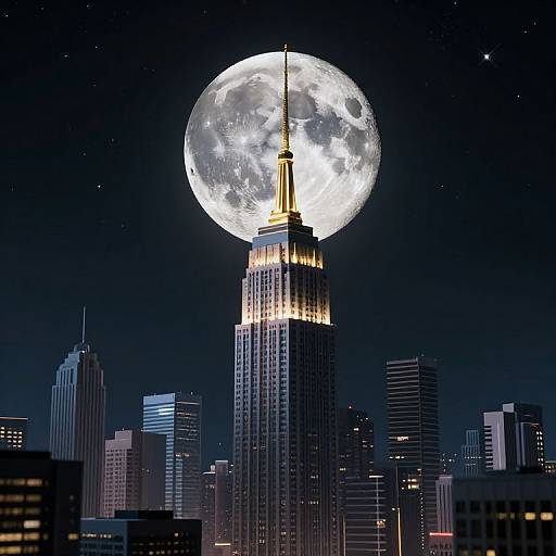 Photograph of a city skyline at night with a large, glowing full moon perfectly centered above the illuminated Empire State Building.