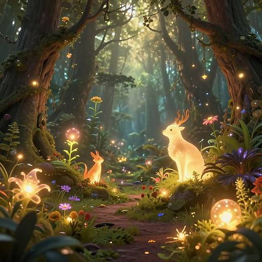 Fantastical forest scene with glowing fireflies, luminescent rabbits, vibrant flowers, and enchanted trees bathed in magical, ethereal light.