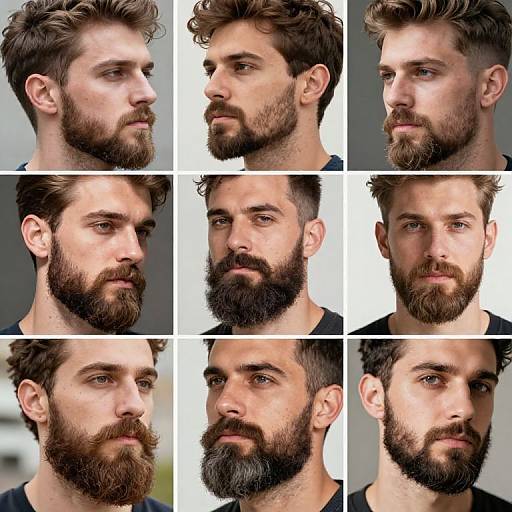 Photograph collage of nine close-up portraits of a white man with dark brown hair and beard, showing various angles and expressions.