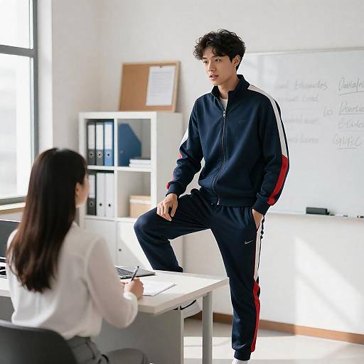 Young Man in Tracksuit Talks at Desk