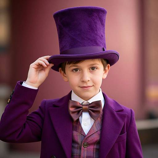Photograph of a young boy with fair skin, brown eyes, wearing a purple top hat, matching coat, plaid vest, and bow tie,