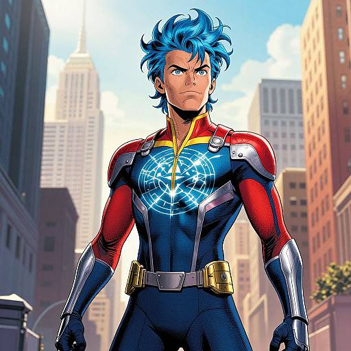 Digital artwork of a blue-haired superhero with a glowing chest emblem, standing in a city street, wearing a red, blue, and black suit. Background