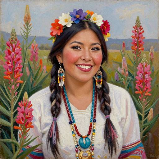 Digital painting of a smiling Latina woman with braided hair, floral headband, colorful beaded necklaces, and earrings, set against a field of