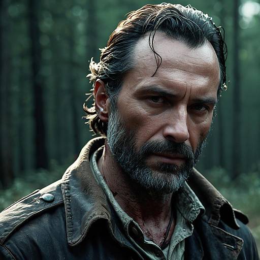 Intense Man in Leather Jacket in Forest