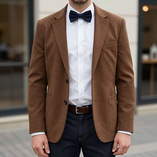 Photograph of a man from the neck down, wearing a brown tweed blazer, white dress shirt, black bow tie, and black pants.