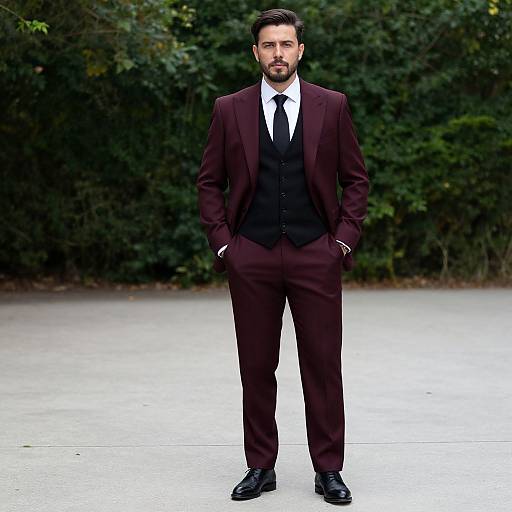 Photograph of a bearded man with dark hair, in a maroon three-piece suit, white shirt, black tie, and black shoes, standing
