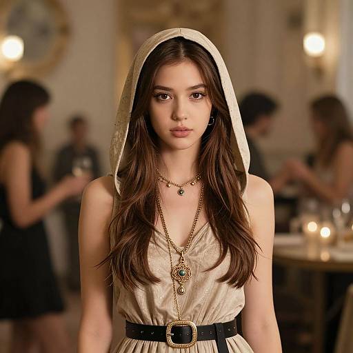 Photograph of a young woman with long brown hair, wearing a beige hooded dress, gold necklaces, black belt, in a softly lit,