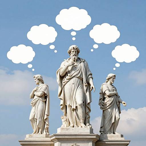 Photograph of three classical marble statues with white thought bubbles against a blue sky, standing on a pedestal.