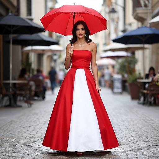 Photograph of a woman in a strapless, red and white ball gown, holding a bright red umbrella, standing on a cobblestone street with