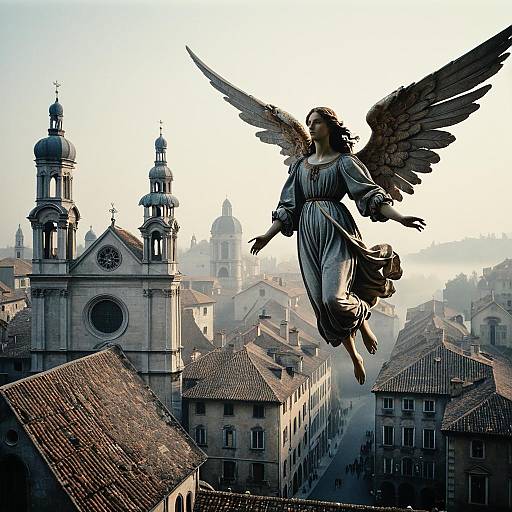 Renaissance Angel Over Misty European Town