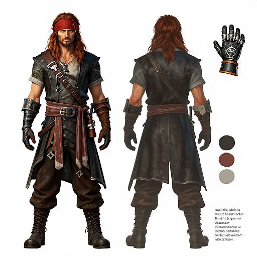 Digital character design: muscular man with long brown hair, red headband, black leather armor, gloves, and boots, front and back views.