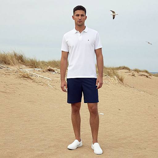 Photograph of a young, athletic man in a white polo and navy shorts, standing on a sandy beach with dunes and birds flying in the background