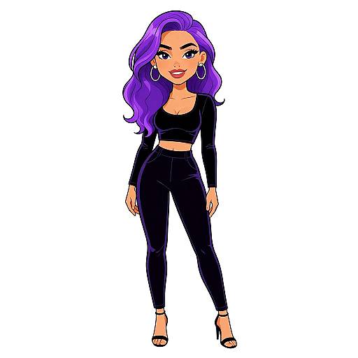 Digital cartoon of a confident woman with long purple hair, black crop top, high-waisted pants, and high heels, wearing hoop earrings.