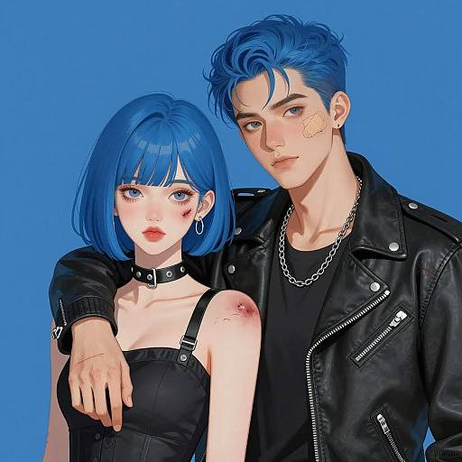 Blue-Haired Couple with Urban Style and Injuries