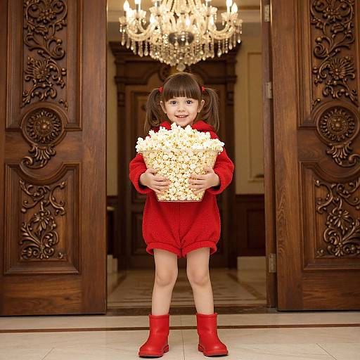 Photograph of a young Asian girl with pigtails, wearing a red outfit and boots, holding a large bowl of popcorn, standing in front of