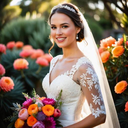 Smiling Bride Holding Colorful Bouquet