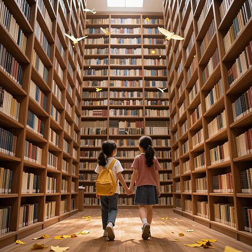 Photograph of two young Asian girls, holding hands, walking through a tall, wooden bookshelf-filled library with autumn leaves and flying paper birds.