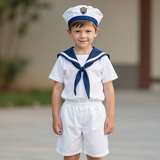 Photograph of a young boy in a white sailor outfit with navy blue collar and tie, matching hat, standing outdoors.