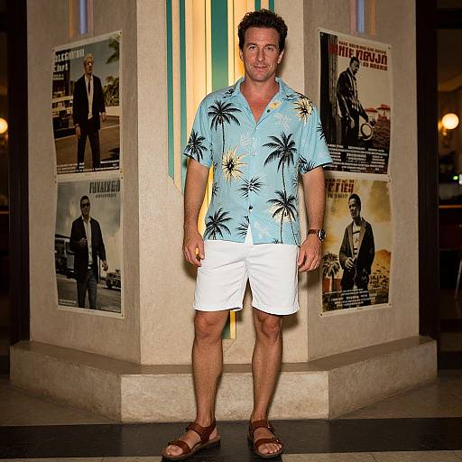 Photograph of a man with short curly brown hair, light skin, wearing a blue Hawaiian shirt with palm prints, white shorts, and sandals, standing