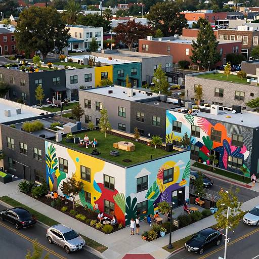 Aerial photo of colorful, modern townhouses with vibrant murals, green lawns, and parked cars on a suburban street. People relax outside,