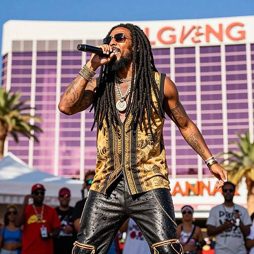 Photograph of a muscular, tattooed black male rapper with dreadlocks, wearing a gold sleeveless vest and black leather pants, passionately singing into a